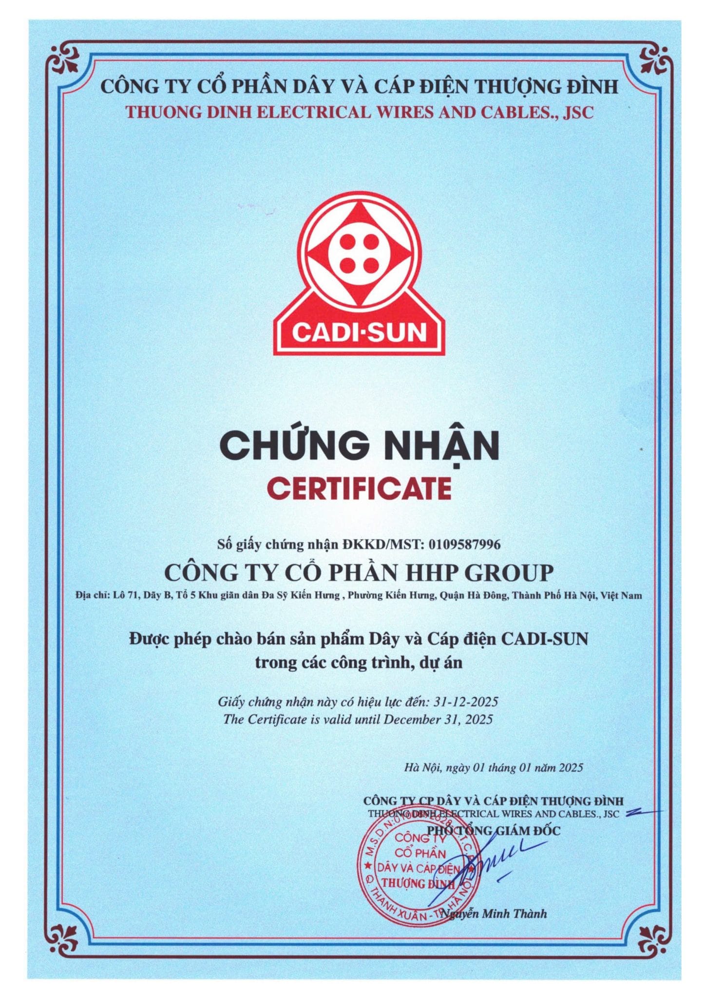 Giấy chứng nhận công ty cổ phẩn HHP Group 2