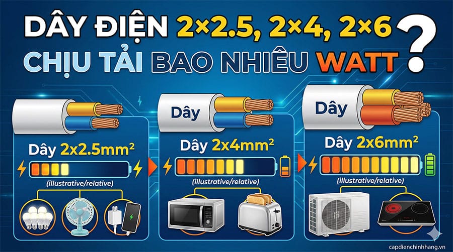 Dây điện 2x2.5, 2x4, 2x6 chịu tải bao nhiêu Watt?