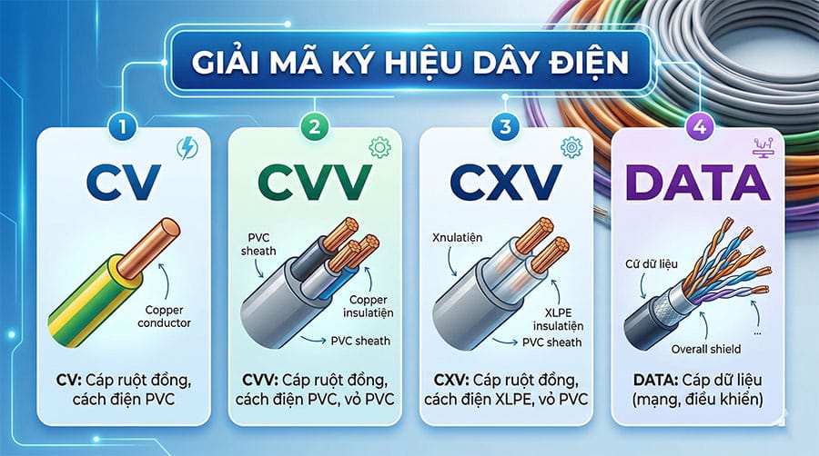 Ý nghĩa các ký hiệu trên dây điện: CV, CVV, CXV, DATA là gì?